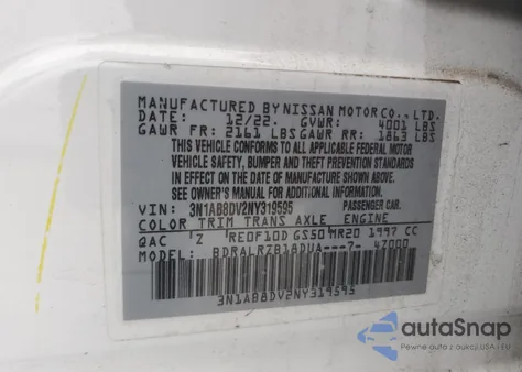 2022 Nissan Sentra Sr z USA, uszkodzony, nr VIN 3N1AB8DV2NY319595